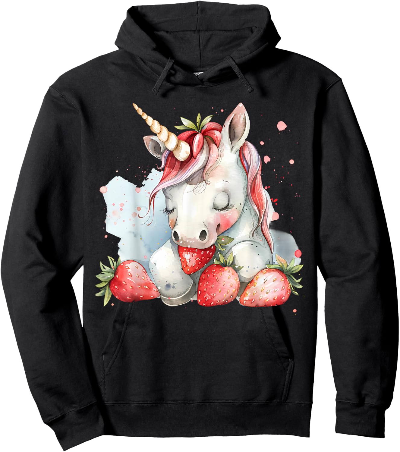 Strawberry Unicorn Cute Strawberries Drawing Watercolor Hoodie - Hoodie | Black
