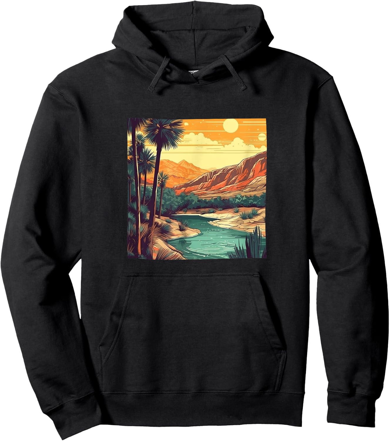 Desert Oasis Vintage Landscape Graphic Hoodie - Hoodie | Black