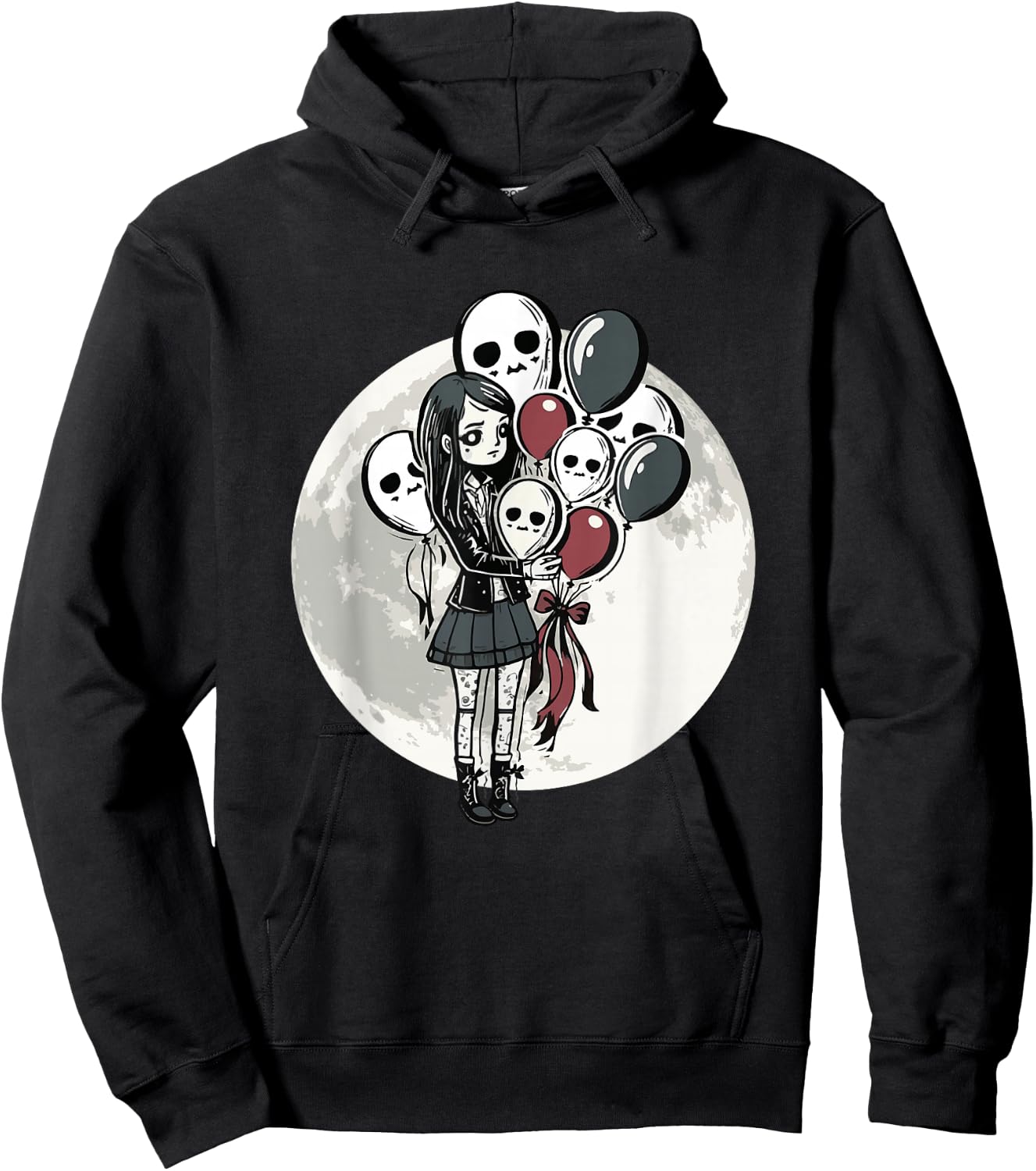 Goth Girl Holding Skull-Balloons - Goth Gothic Hoodie - Hoodie | Black