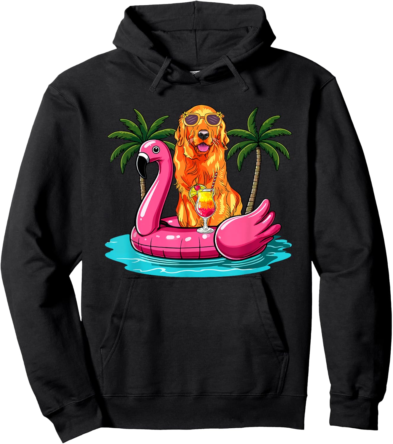 Golden Retriever Sunglasses On Flamingo Cute Float Lover Hoodie - Hoodie | Black