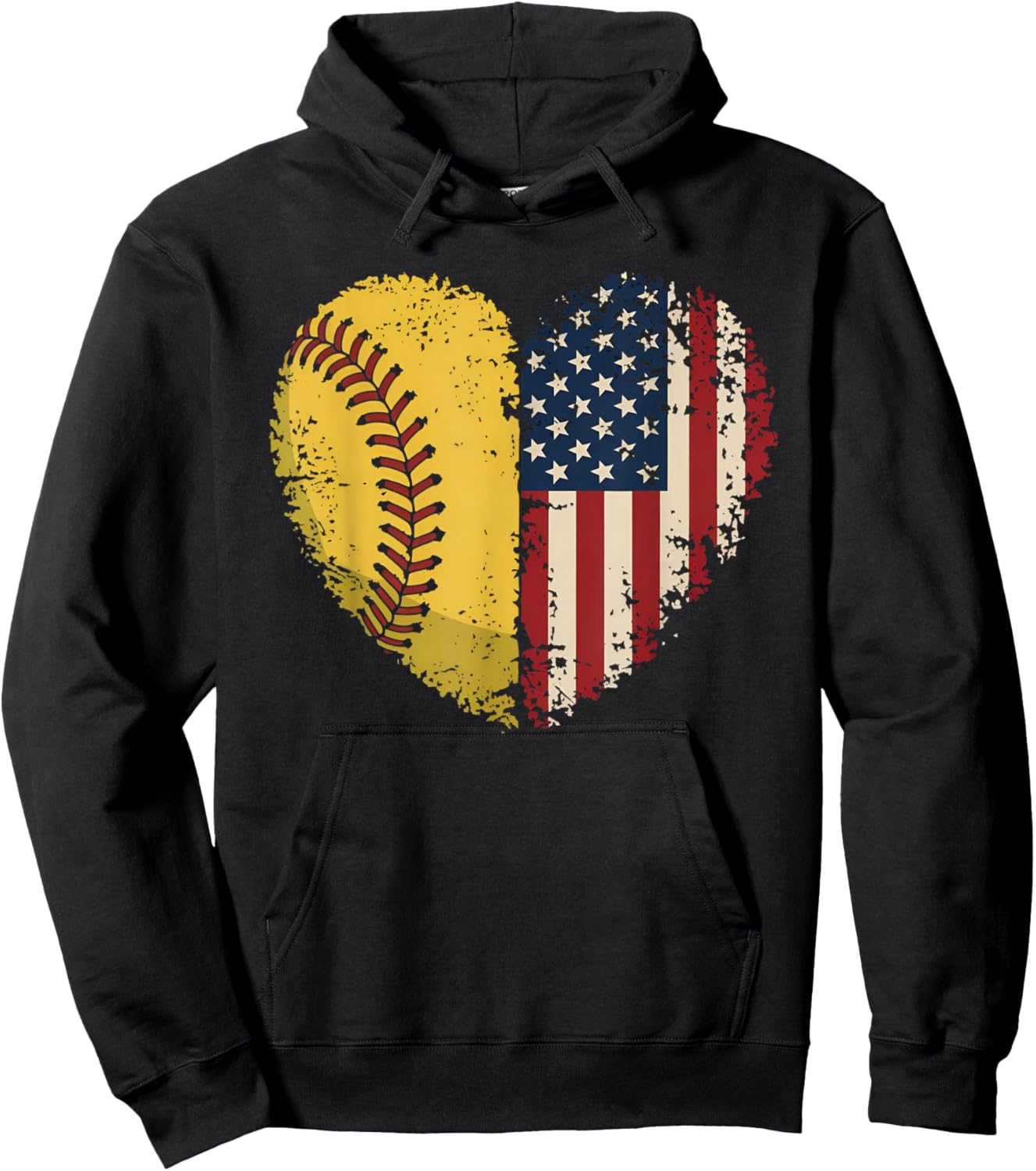 Softball Heart American Flag Patriotic Softball Lovers Hoodie - Hoodie | Black