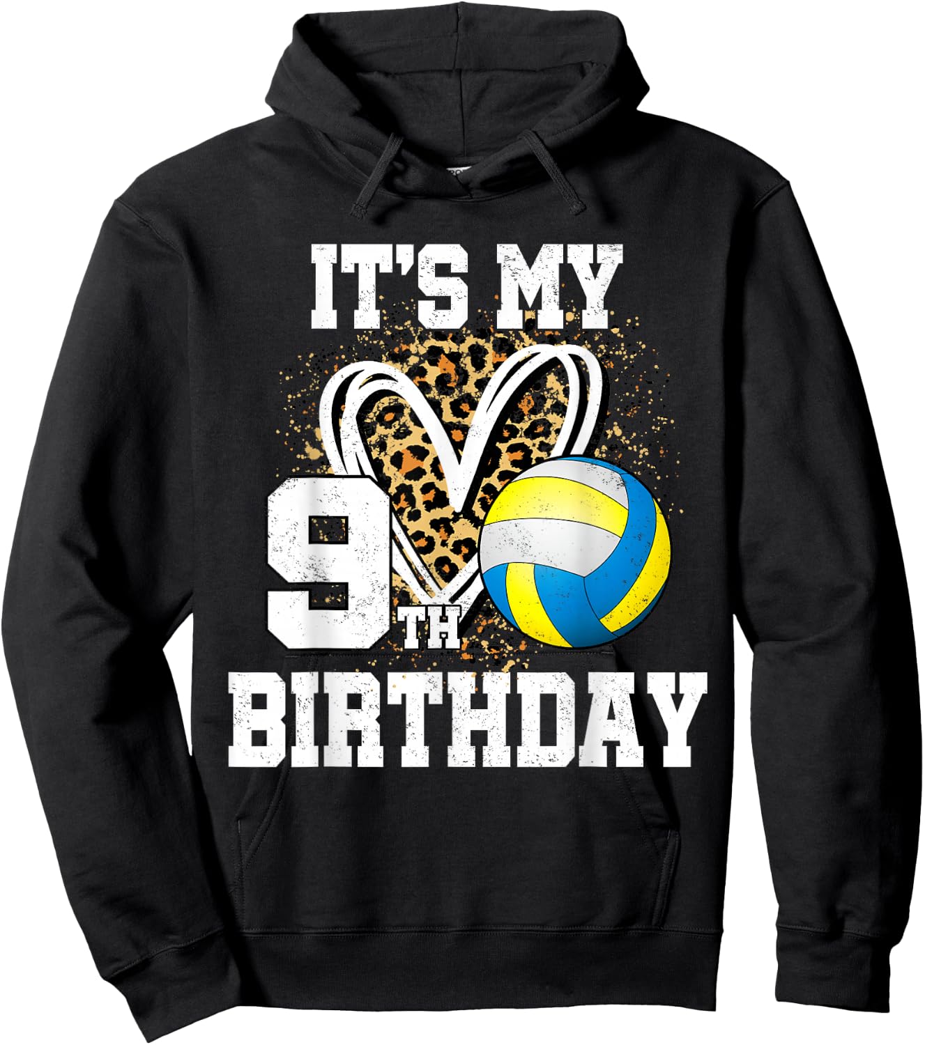 It's My 9th Birthday Volleyball 9 Year Old Leopard Heart Hoodie - Hoodie | Black