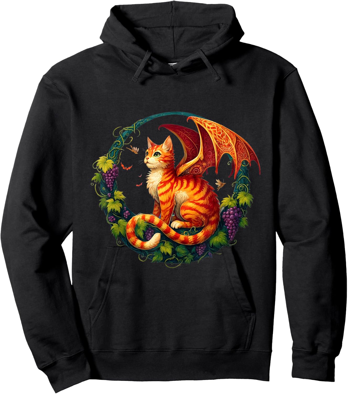 Retro Mystical Orange Tabby Dragon Cat Fae With Grapevines Men Women Kids Hoodie - Hoodie | Black