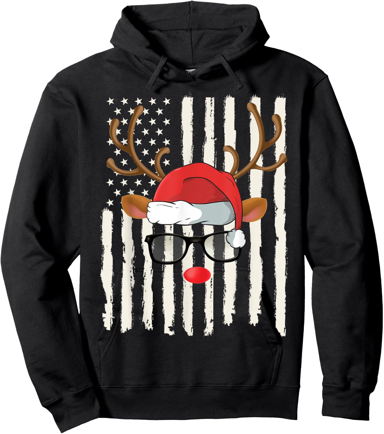 Cute Reindeer Santa Hat Glasses American Flag Christmas Hoodie - Hoodie | Black