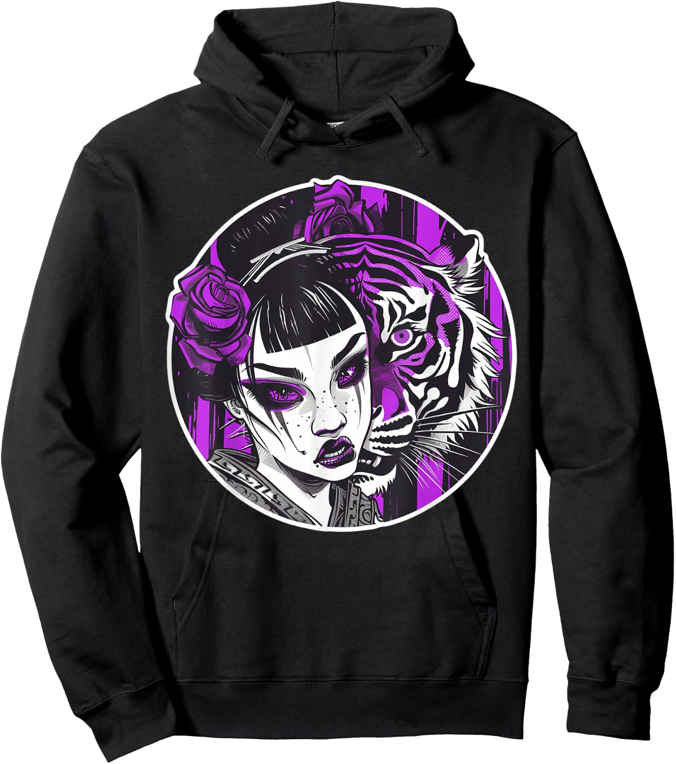 Kawaii Anime Geisha With Tiger Bliss For Otaku Enthusiasts Hoodie - Hoodie | Black