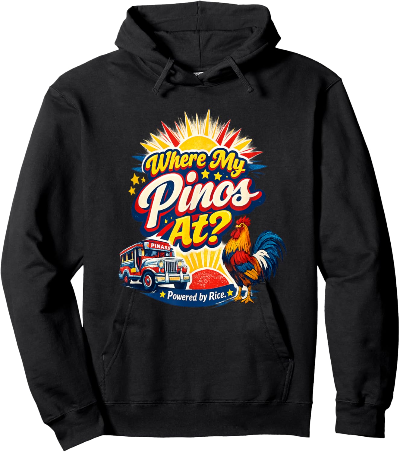 Where My Pinos At Powered by Rice Funny Filipino Hoodie - Hoodie | Black