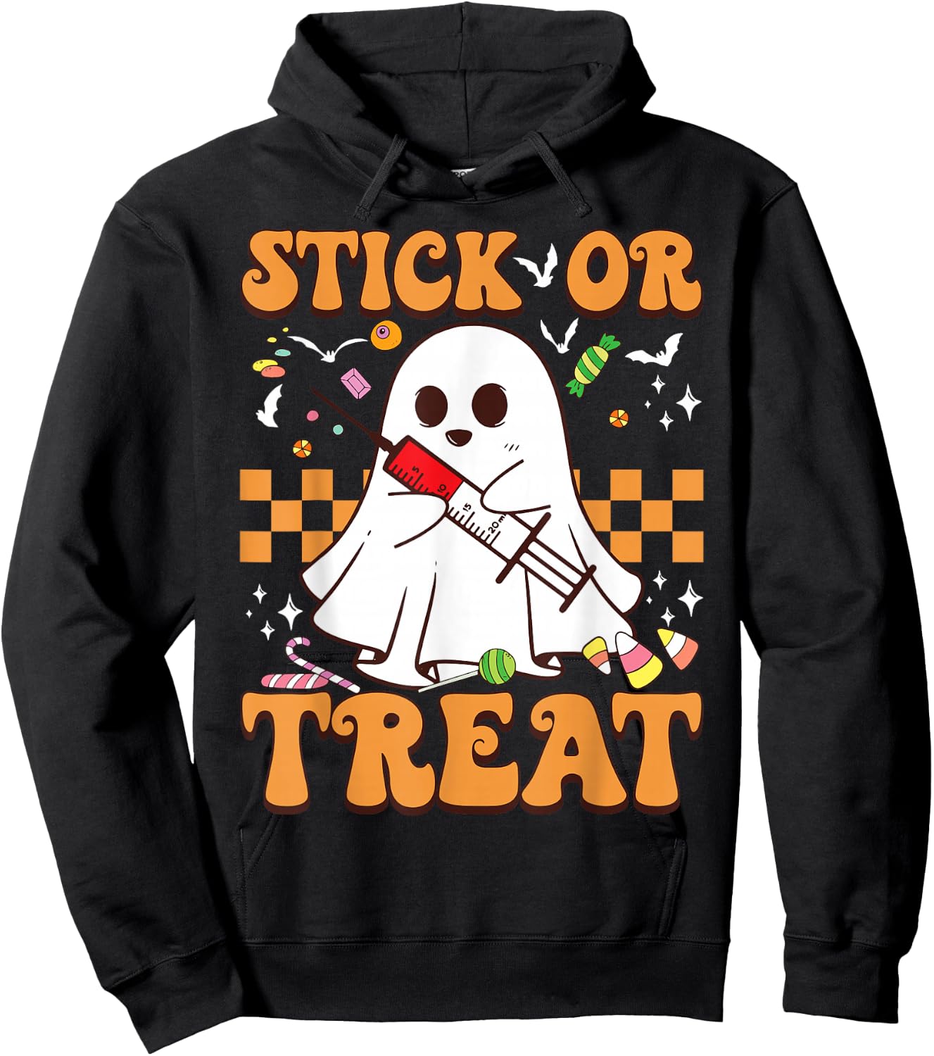 Retro Stick Or Treat Cute Ghost Nurse Phlebotomist Halloween Hoodie - Hoodie | Black