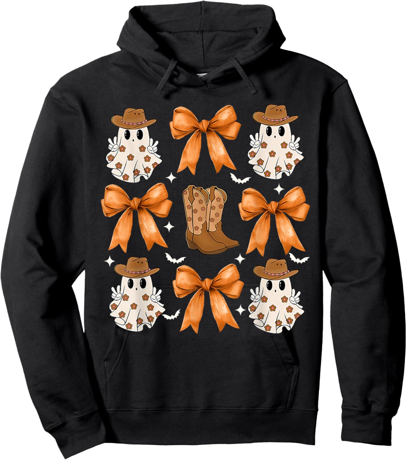 Coquette Bow Ghost Cowboy Western Spooky Season Halloween Hoodie - Hoodie | Black
