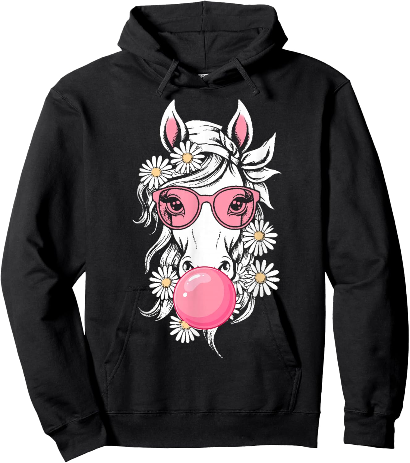 Horse with Pink Bandana and Bubble Gum Graphic Hoodie - Hoodie | Black