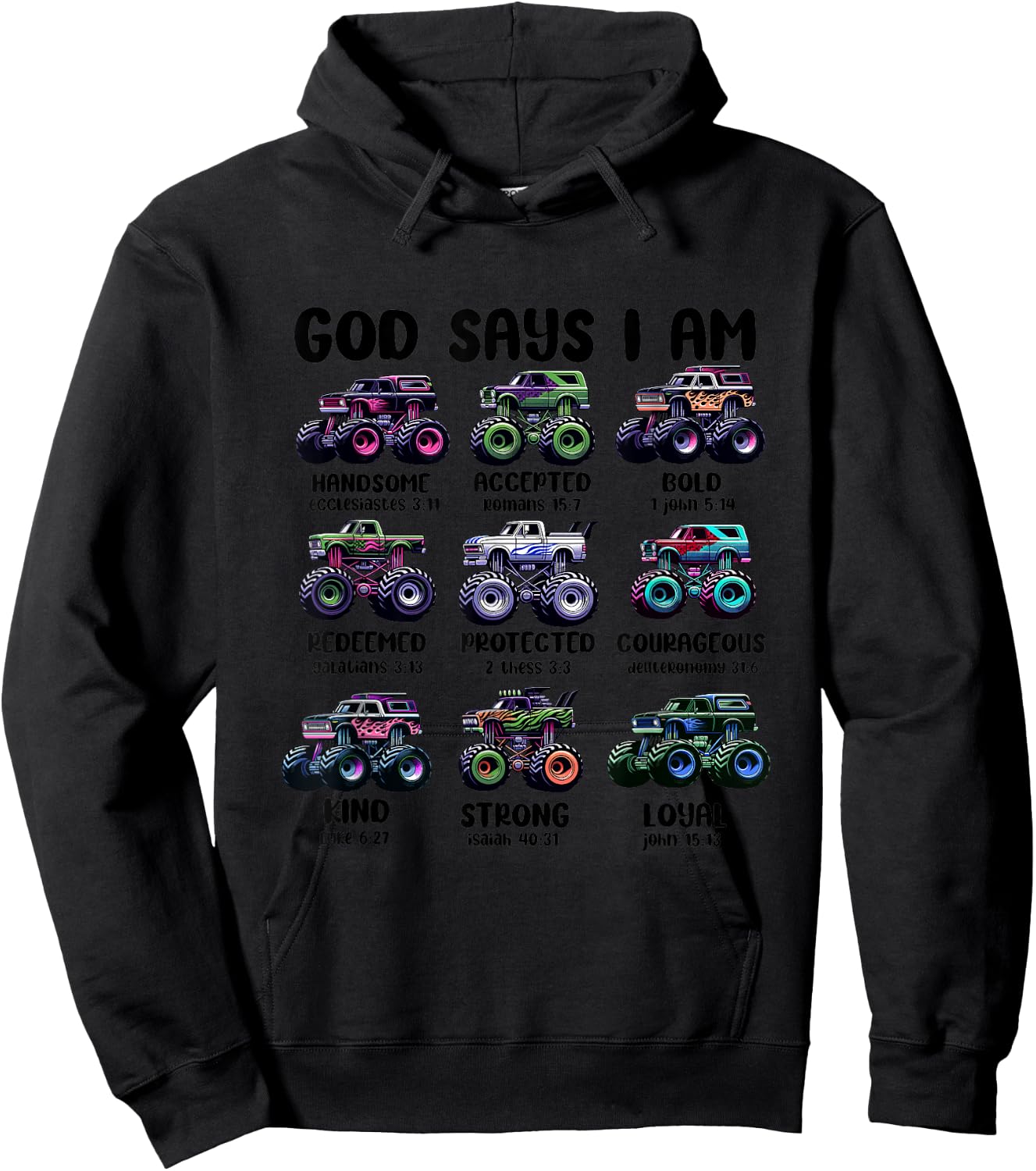 Funny God Says I Am Monster Truck Christian Bible Kids Boys Hoodie - Hoodie | Black