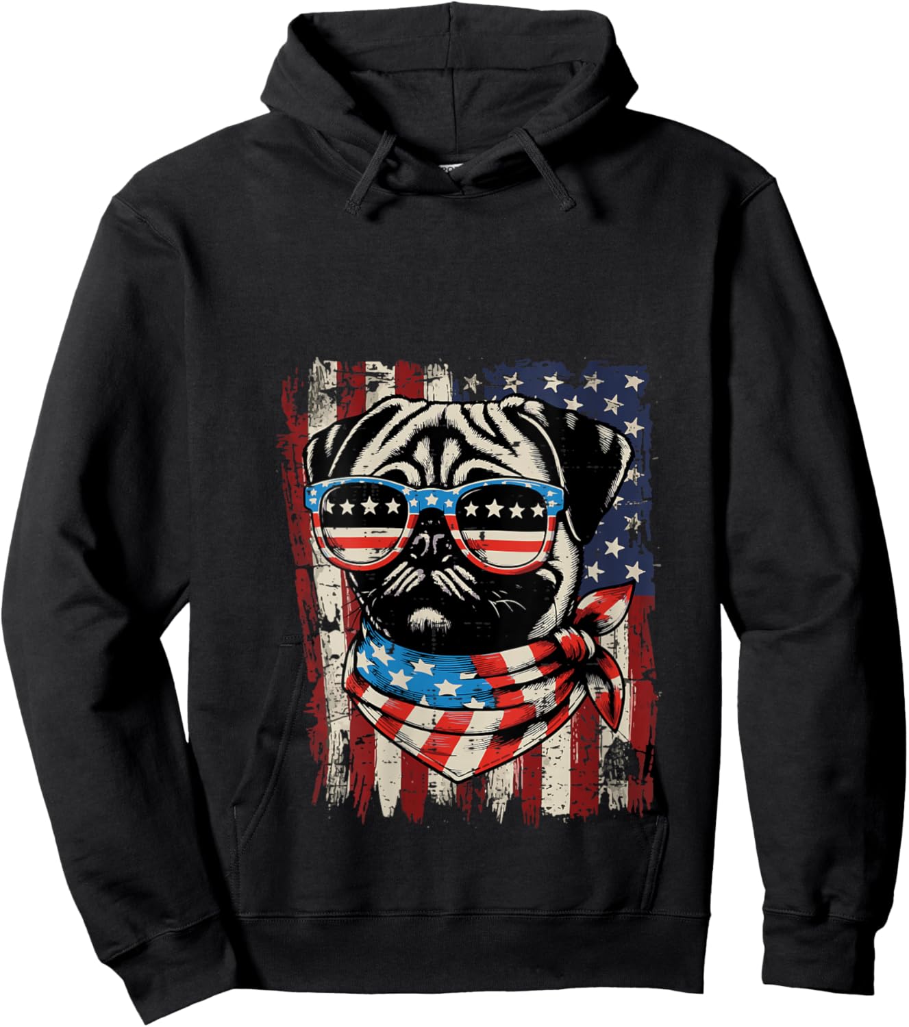 Women's 4th of July Dog Pug USA Flag Cute Patriotic Men Women Kids V-Neck Hoodie - Hoodie | Black