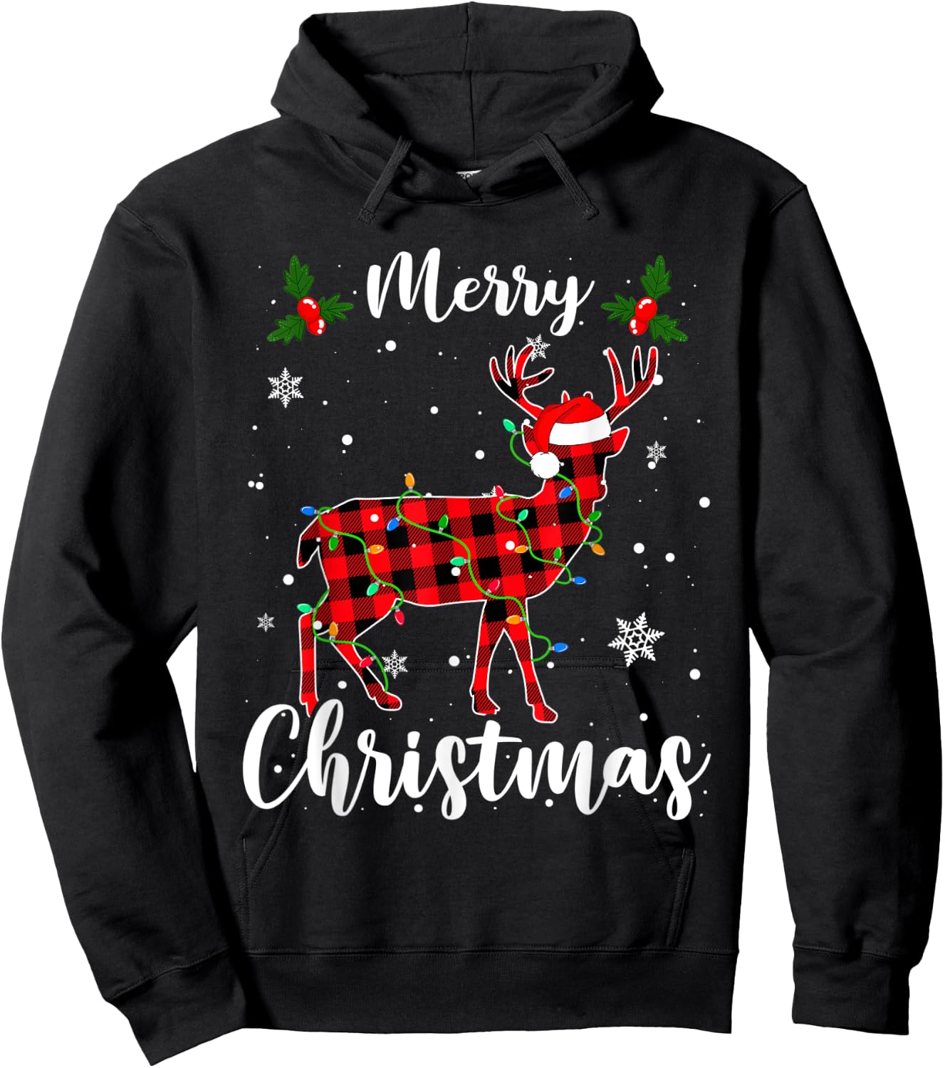 Deer Merry Christmas Animals Buffalo Red Plaid Hoodie - Hoodie | Black