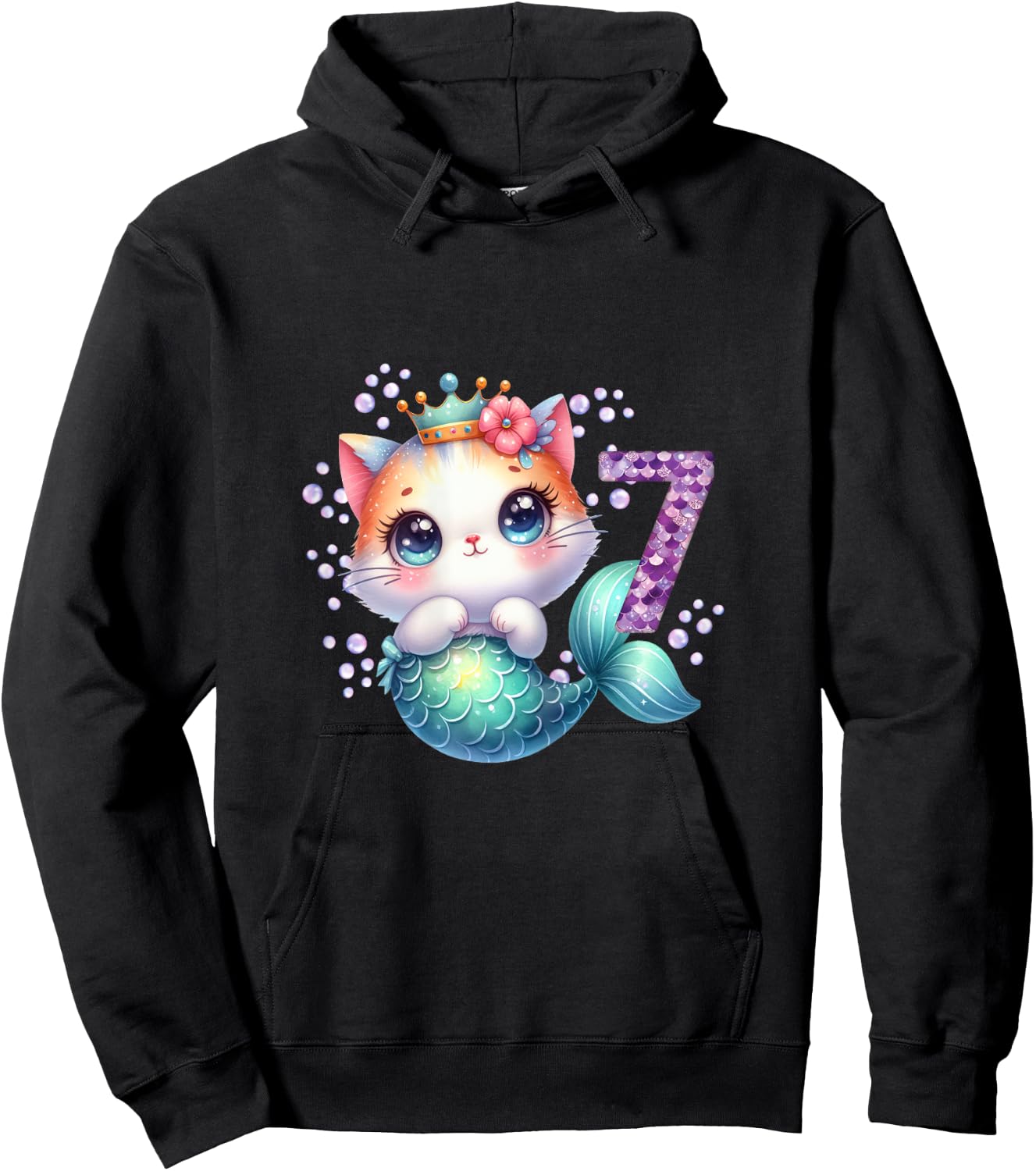 Cat Mermaid 7th Birthday 7 Year Old Party Girls Outfit Hoodie - Hoodie | Black