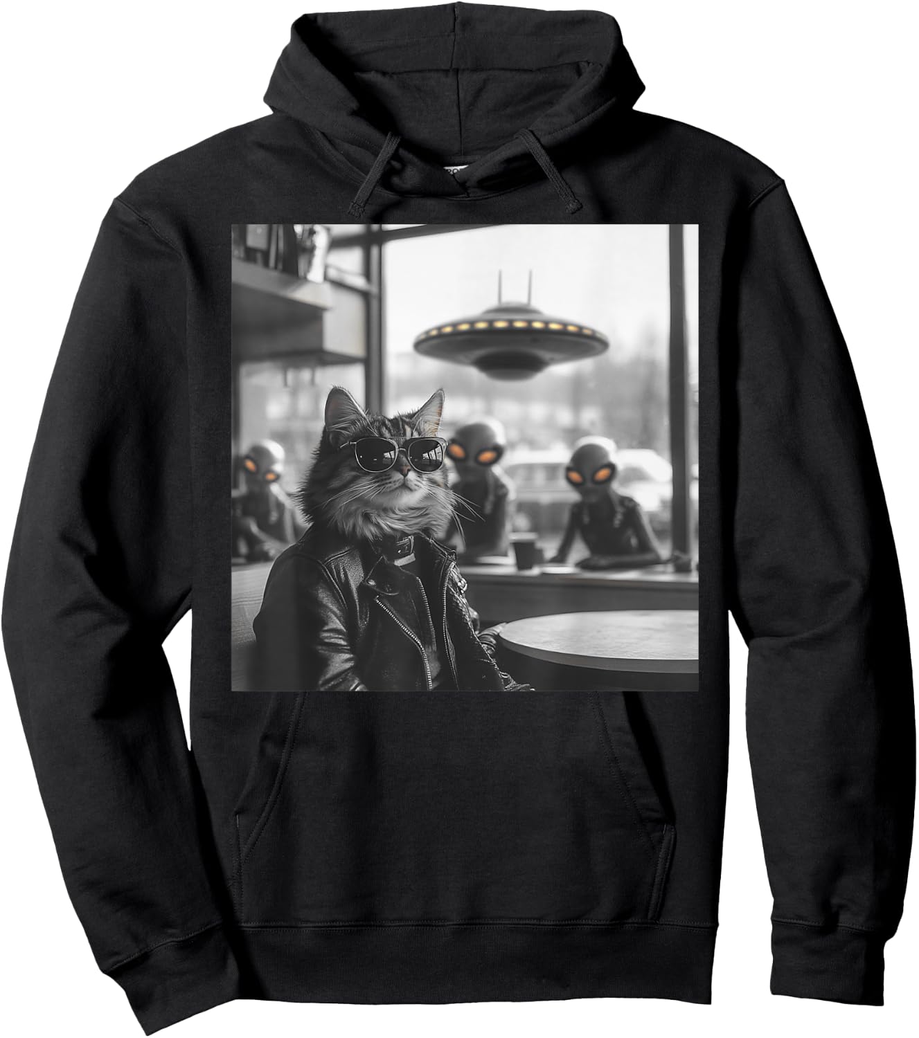 Cat in a Coffee Shop with Aliens and UFO Hoodie - Hoodie | Black