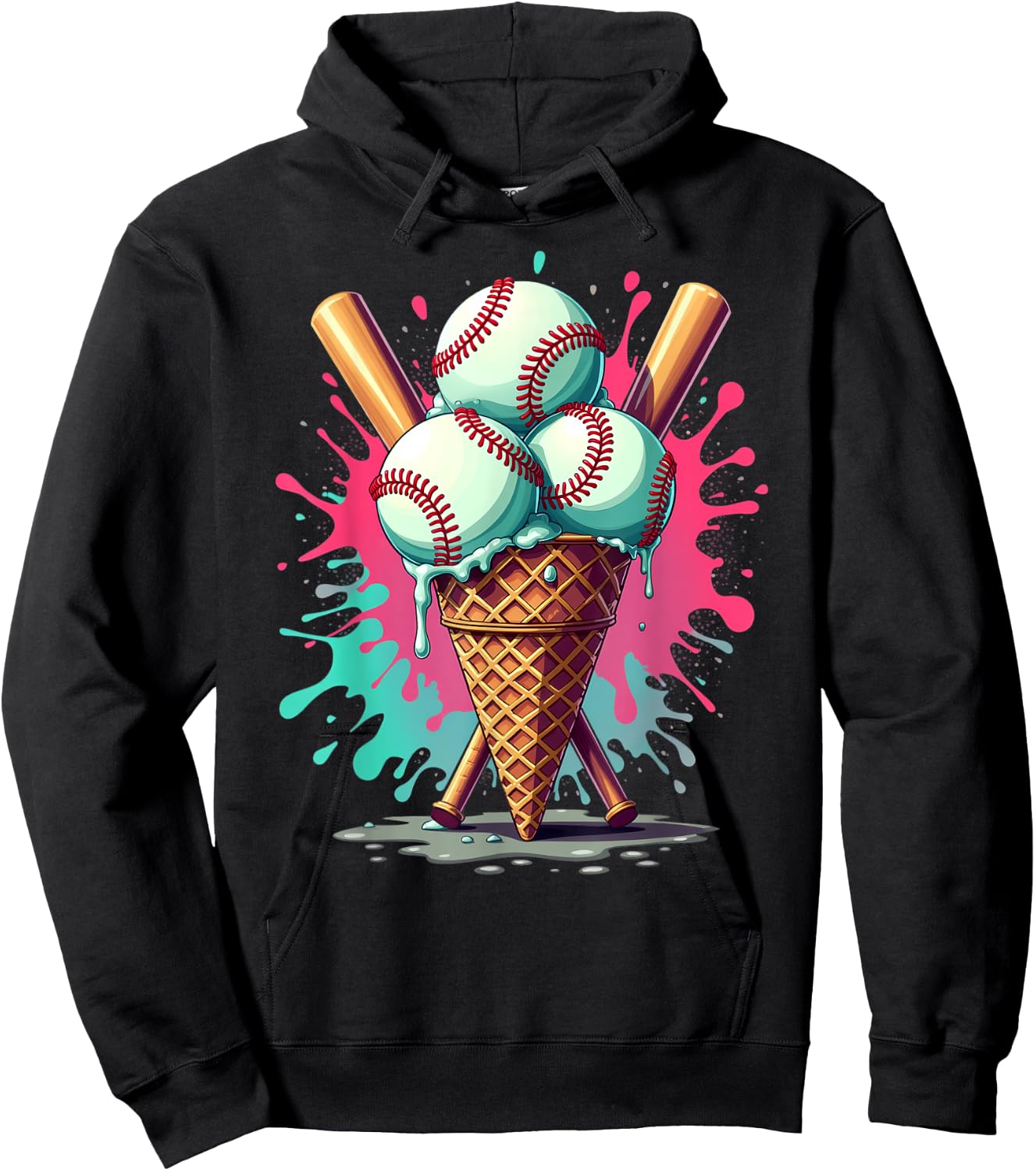 Baseball Ice Cream Watercolor Sports Lover Ice Cream Cone Hoodie - Hoodie | Black