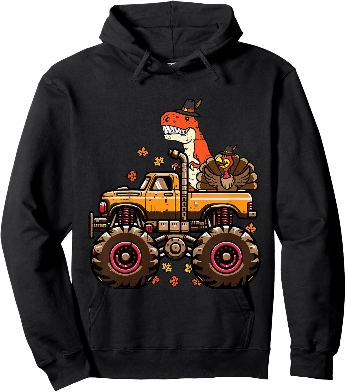 Kids Thanksgiving Dino Monster Truck Trex Fall Boys Kids Toddler Hoodie - Hoodie | Black