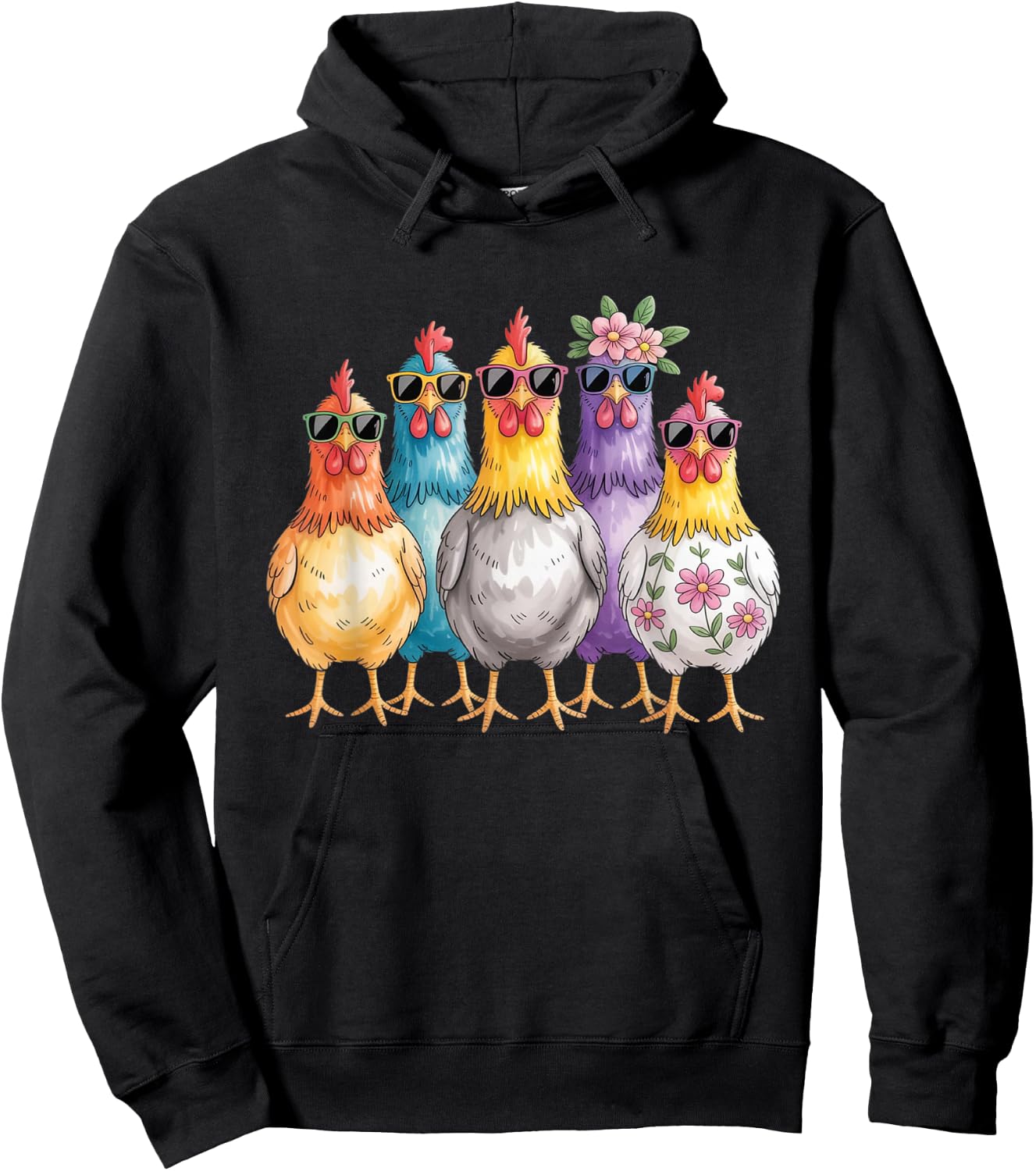 Colorful Cool Chickens Sunglasse Retro Chicken Floral Farm Hoodie - Hoodie | Black