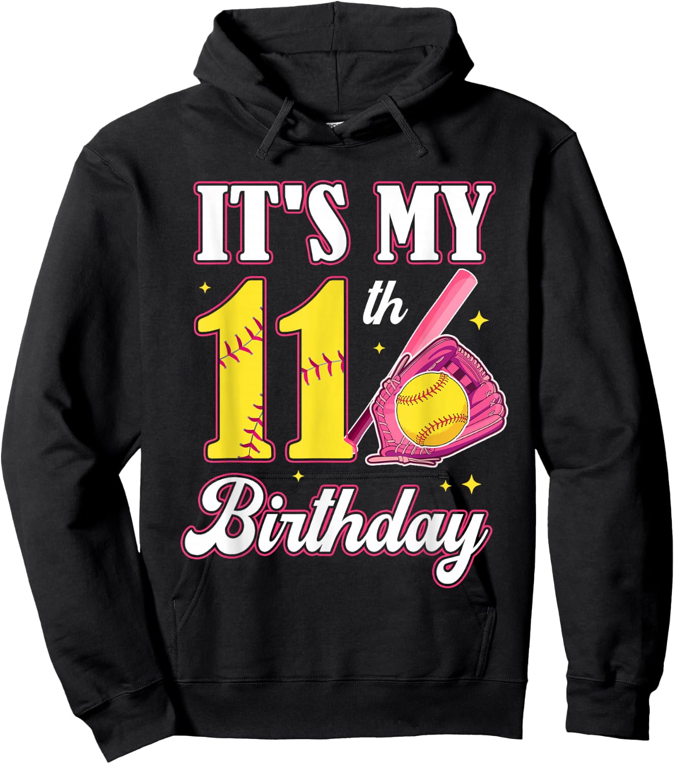 It's My 11th Birthday Softball Girl 11 Year Old Party Hoodie - Hoodie | Black