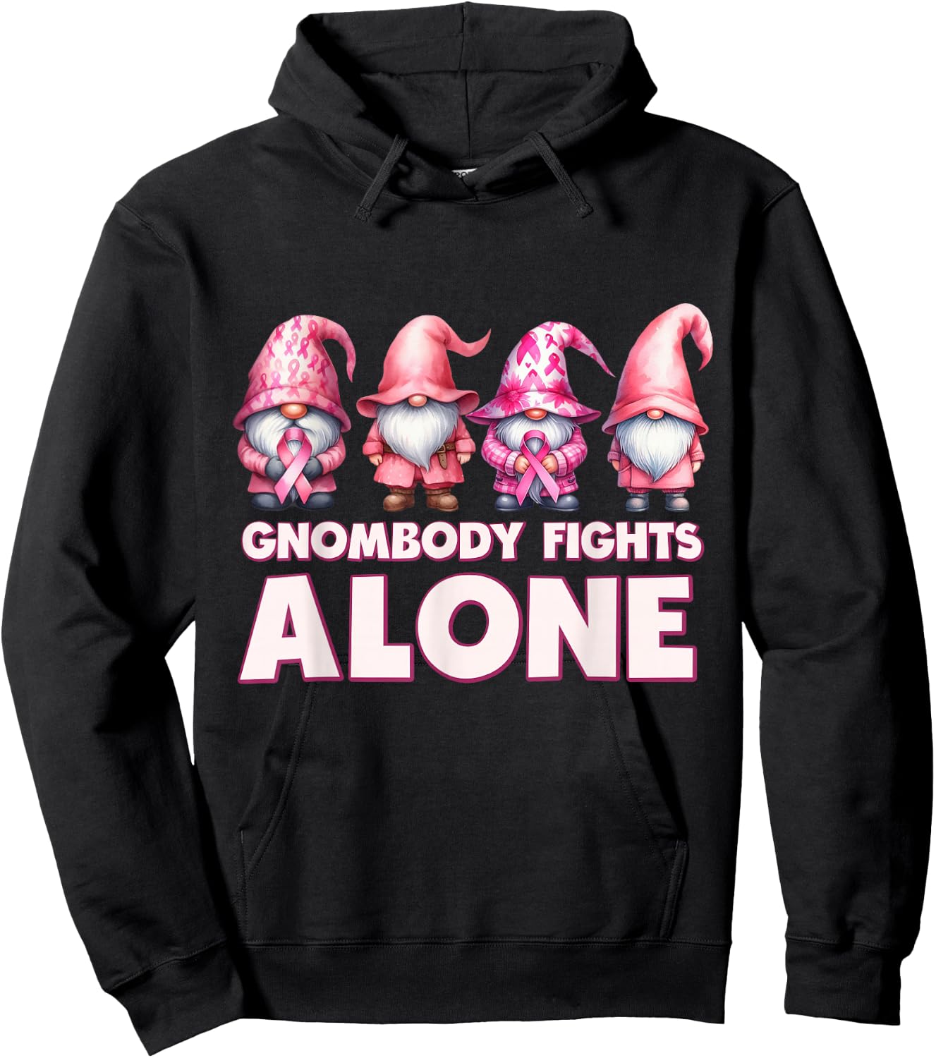 Gnomebody Body Fights Alone Gnome Breast Cancer Awareness Hoodie - Hoodie | Black