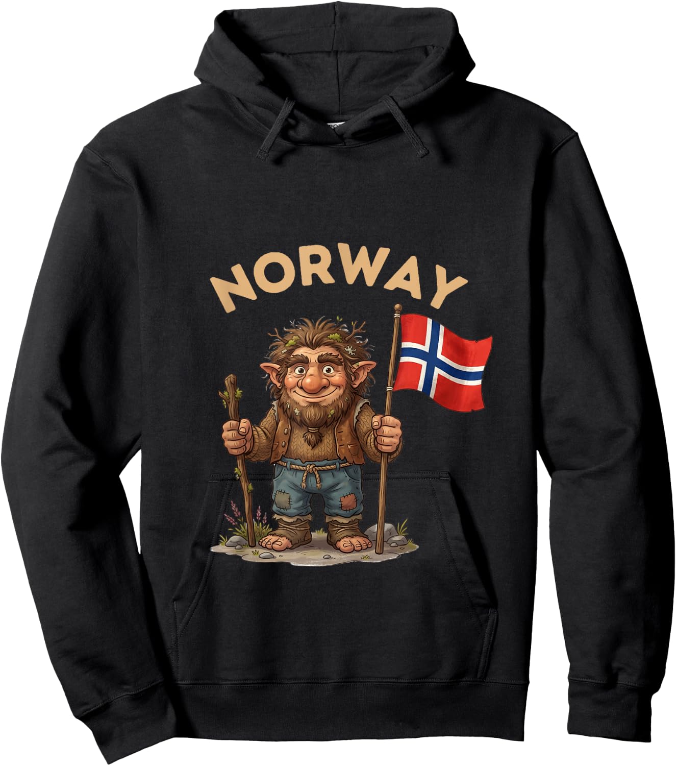 Vintage Norwegian Troll with Flag | Retro Norway Souvenir Hoodie - Hoodie | Black
