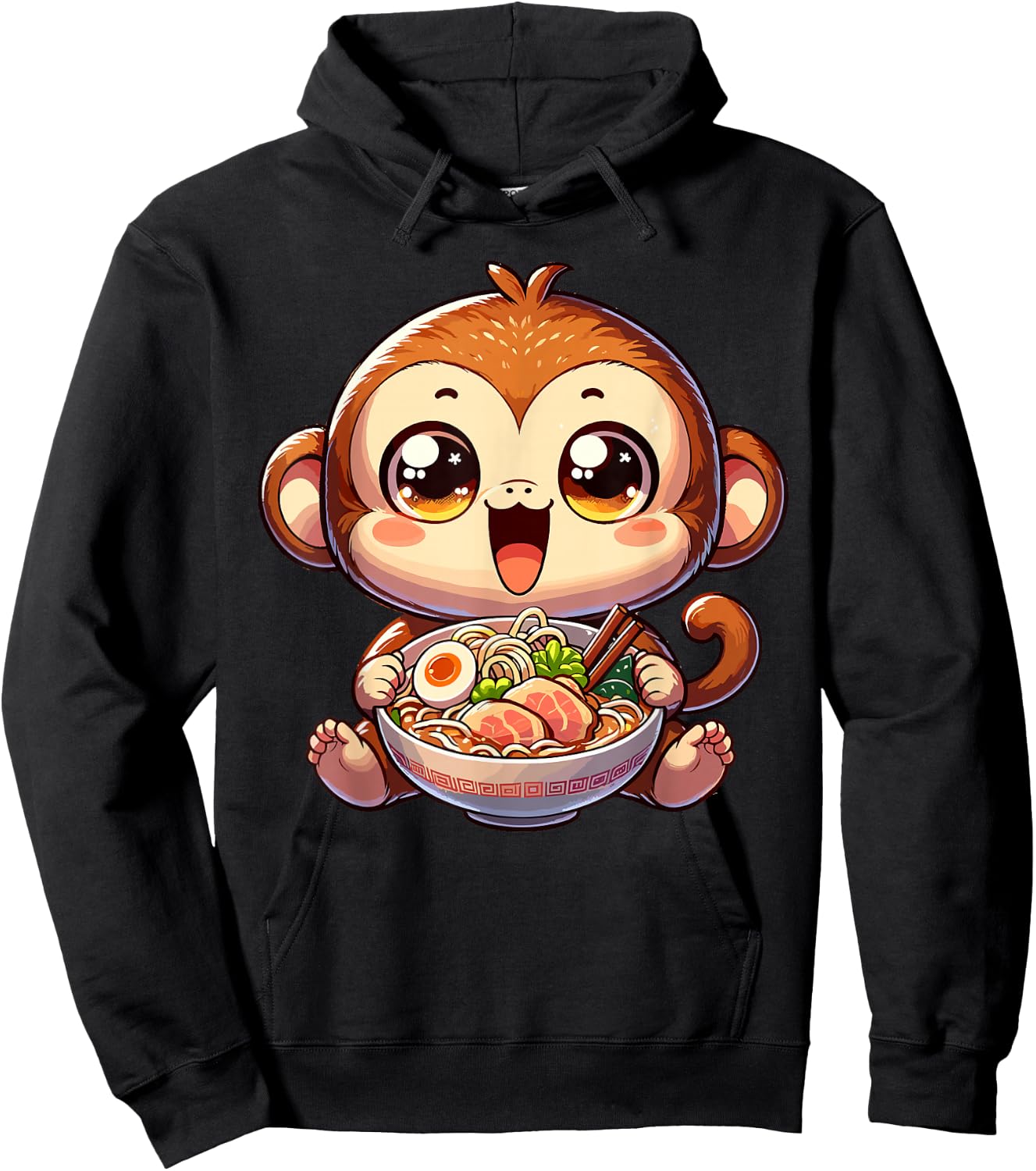 Cute Youth Monkey Kawaii Eating Ramen Japanese Food Hoodie - Hoodie | Black