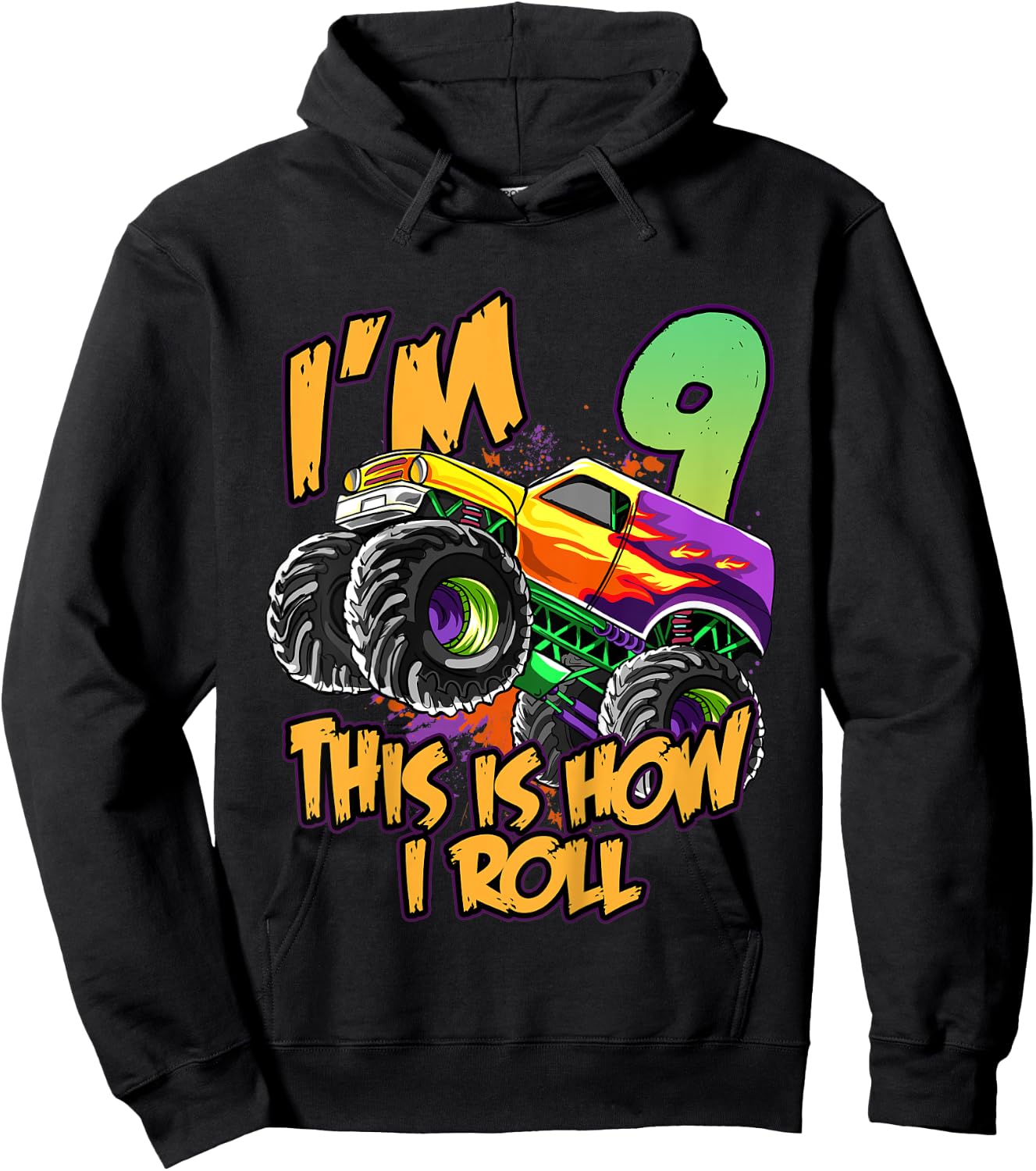 Kids 9th Birthday Boys Monster Truck 9 Year Old Race Car Party Hoodie - Hoodie | Black