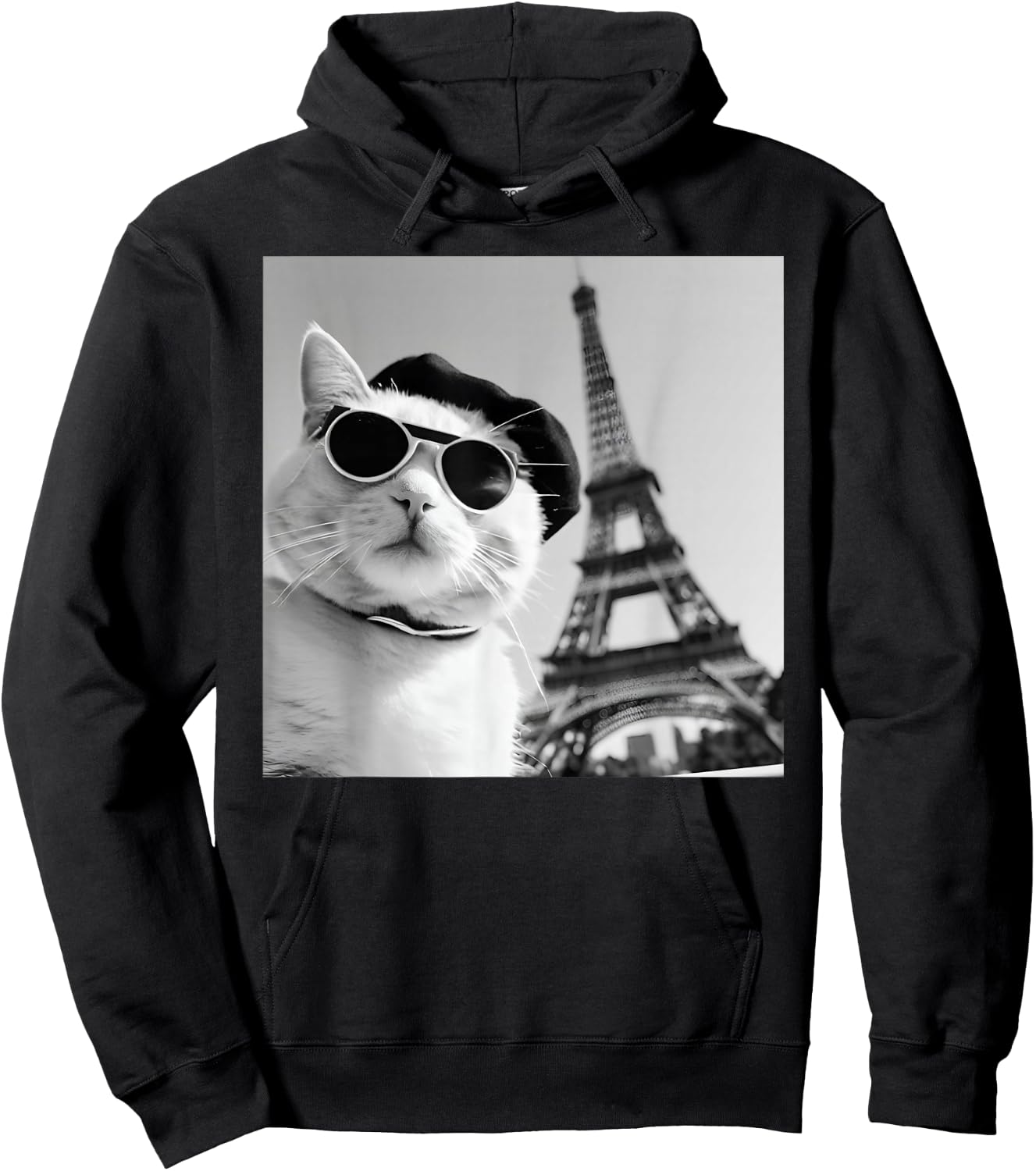 Funny Cat Wearing Sunglasses At The Eiffel Tower in France Hoodie - Hoodie | Black