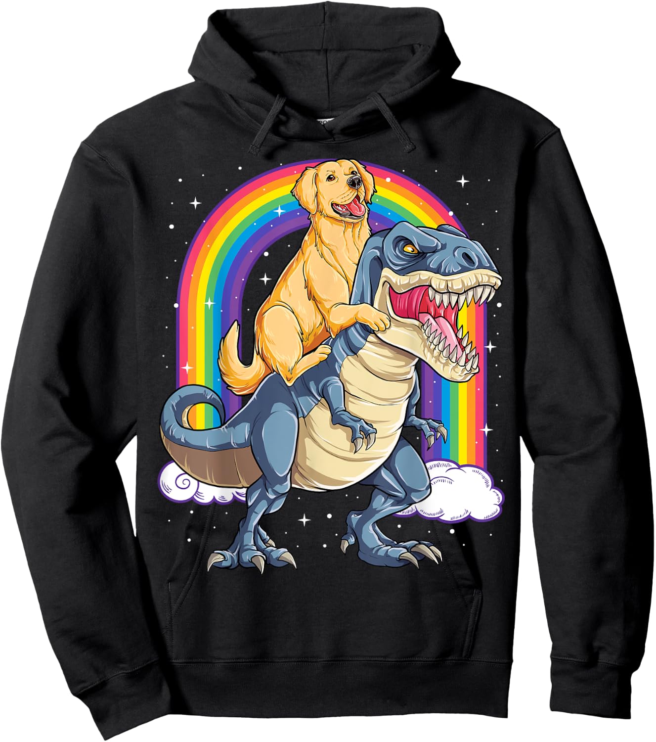 Golden Retriever Riding Dinosaur T-rex Gifts Boys Rainbow Hoodie - Hoodie | Black