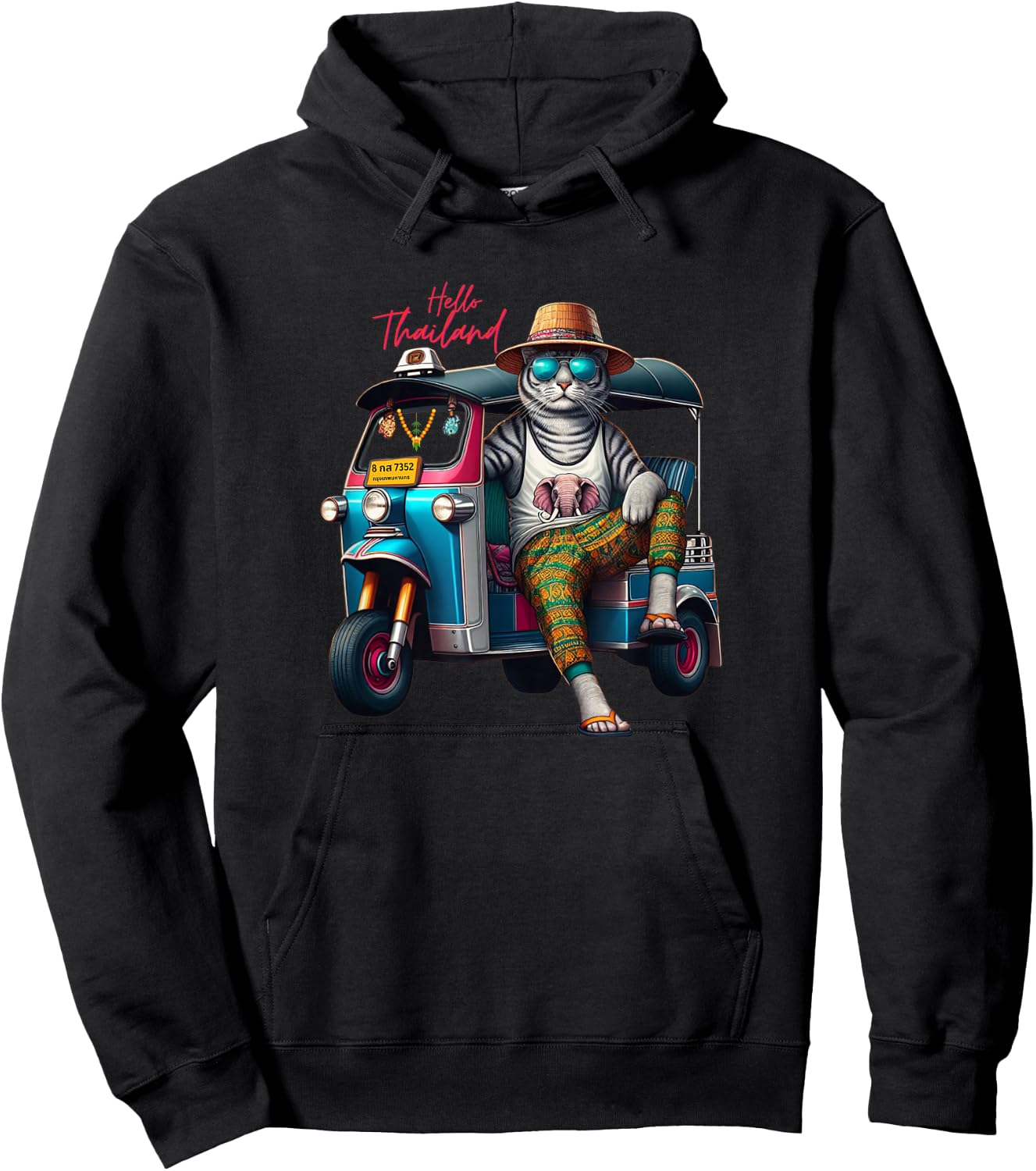 Hello Thailand Cool cat wear elephant Pants on Thai TukTuk Hoodie - Hoodie | Black