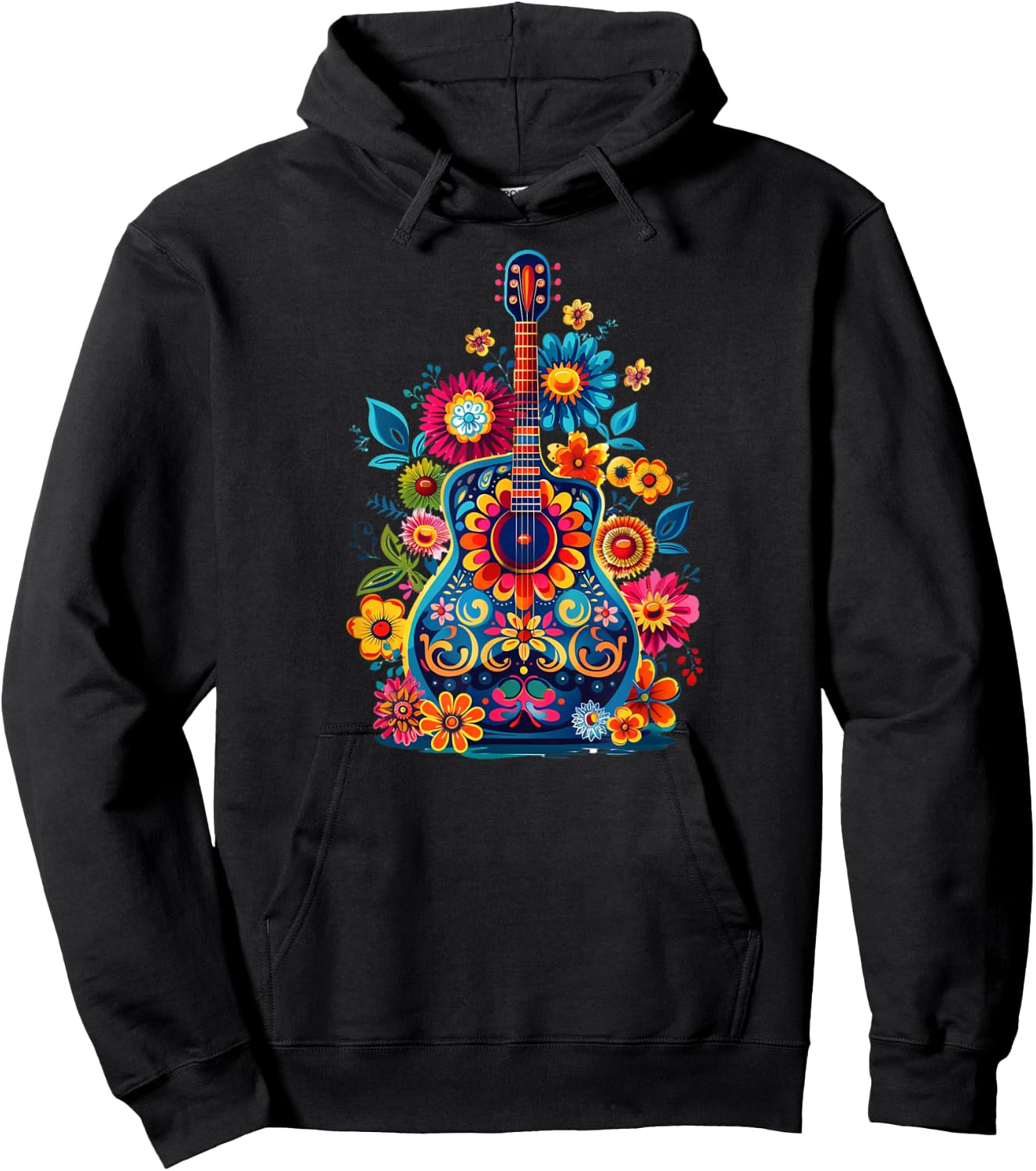 Cute Hippie Acoustic Flower Guitar - Floral Hippie Music Fan Hoodie - Hoodie | Black