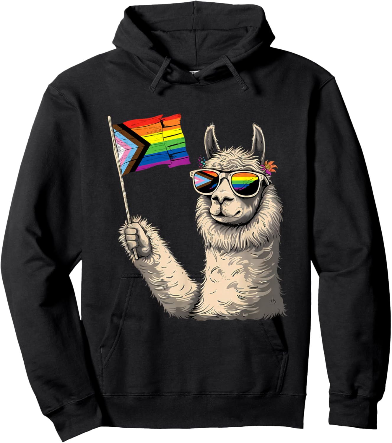 Progress Pride Flag LGBTQ+ Llama Progressive Pride Flag Hoodie - Hoodie | Black