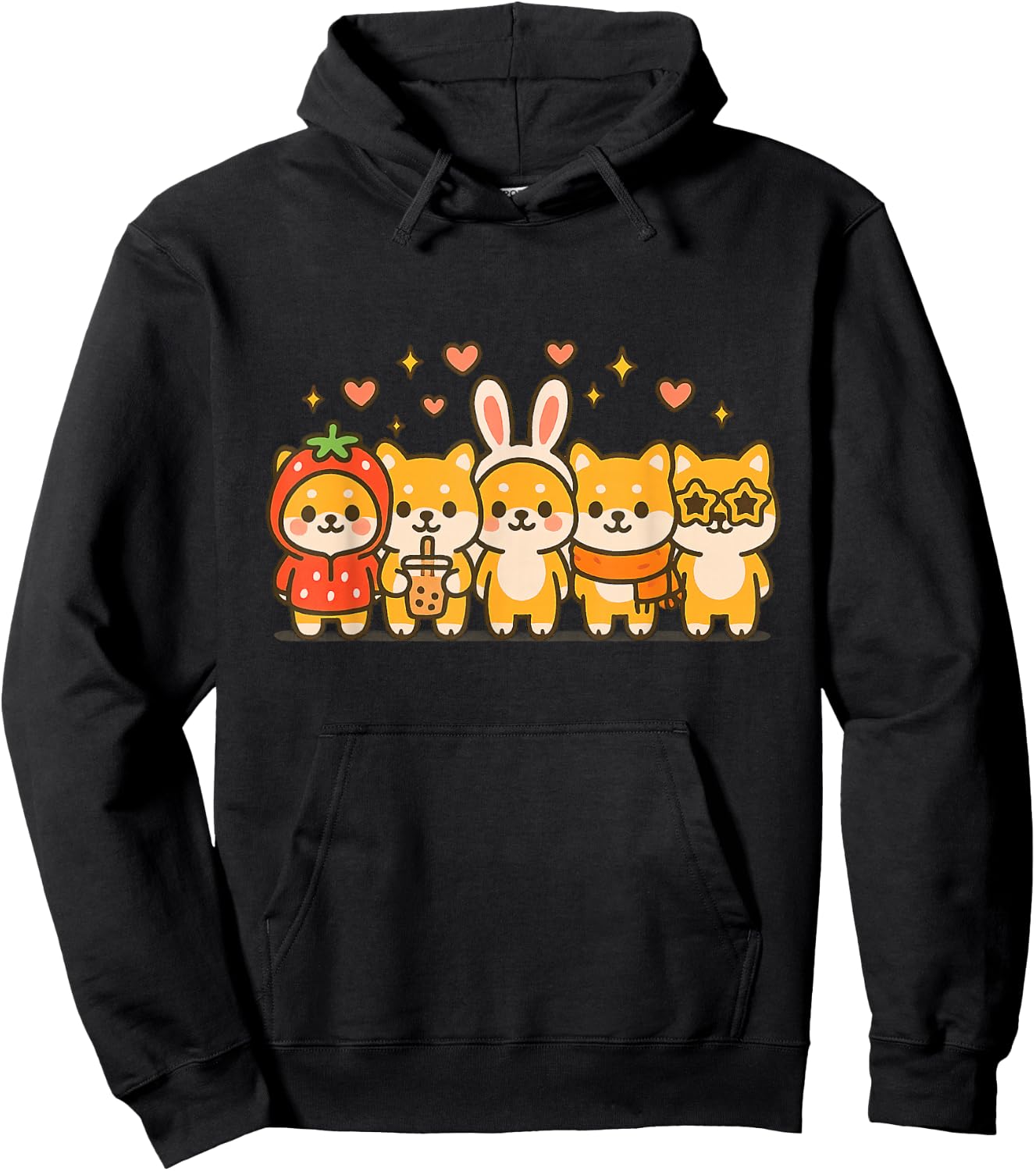 Kawaii Shiba Inu Squad Cute Strawberry Bunny Boba Dog Art Hoodie - Hoodie | Black