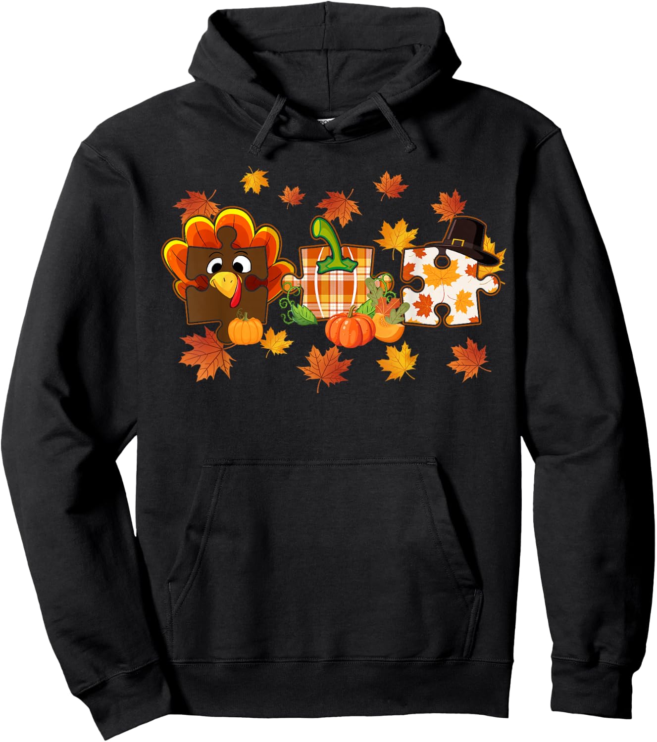 Cute Turkey Autism Awareness Puzzle Pumpkin for Thanksgiving Hoodie - Hoodie | Black