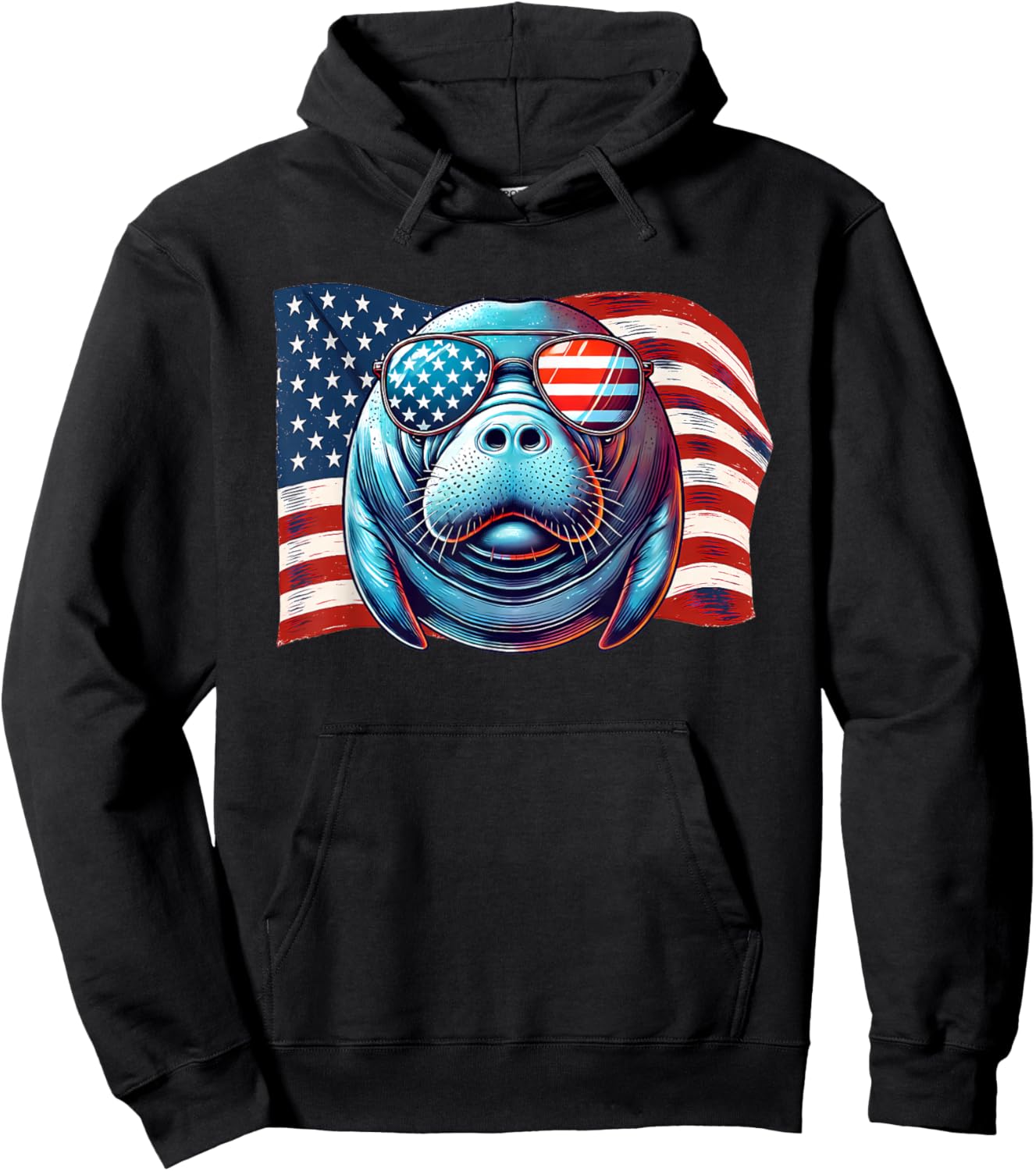Manatee Sea Animals USA Flag Patriotic Sunglasses Americans Hoodie - Hoodie | Black