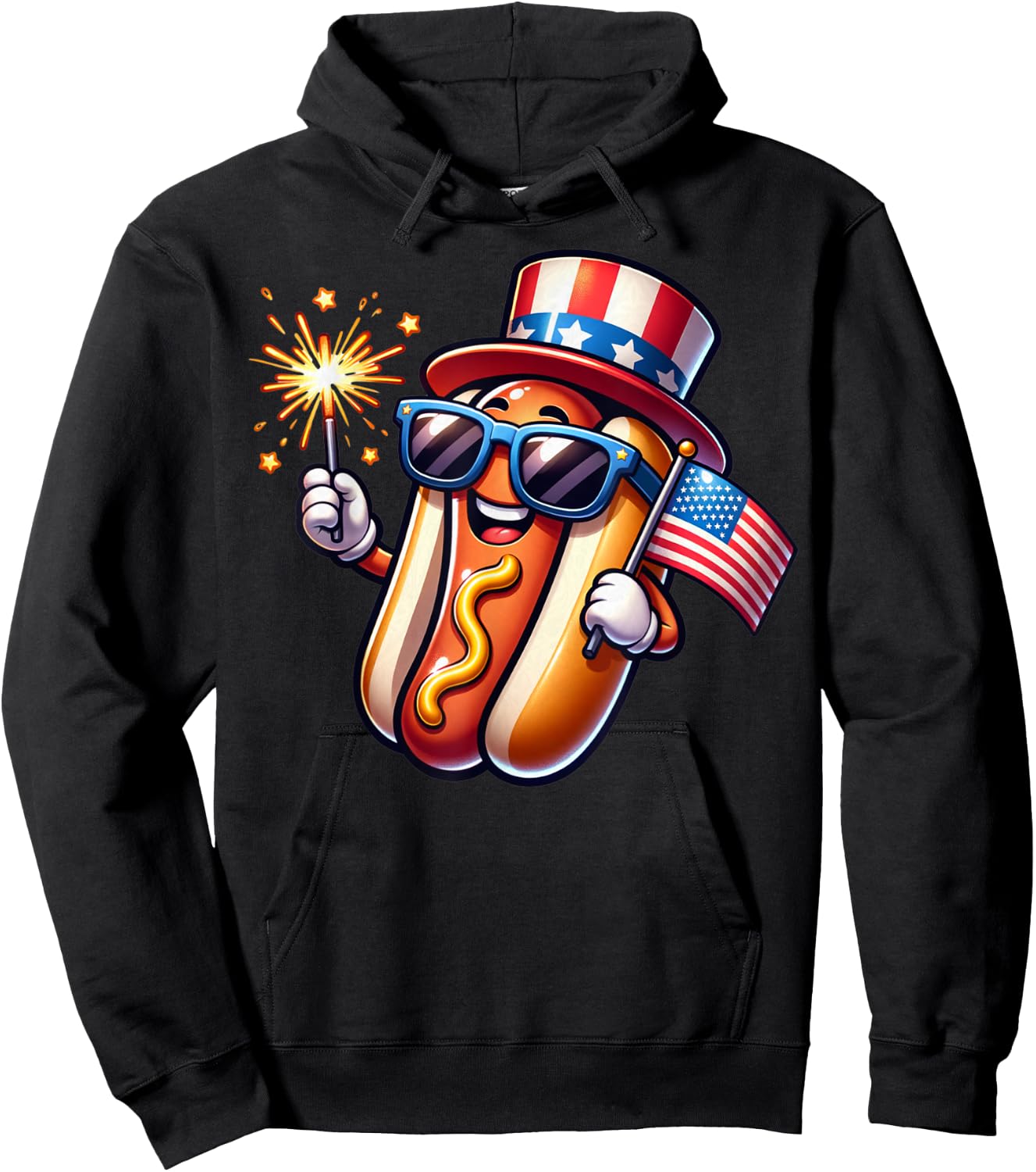 4th of July Sparkler Hotdog Funny Patriotic Flag Hoodie - Hoodie | Black