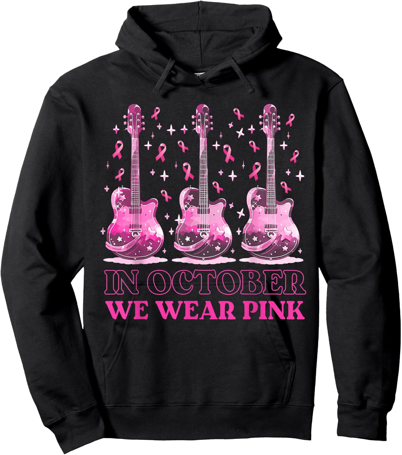In October We Wear Pink Ribbon Guitar For Breast Cancer Hoodie - Hoodie | Black