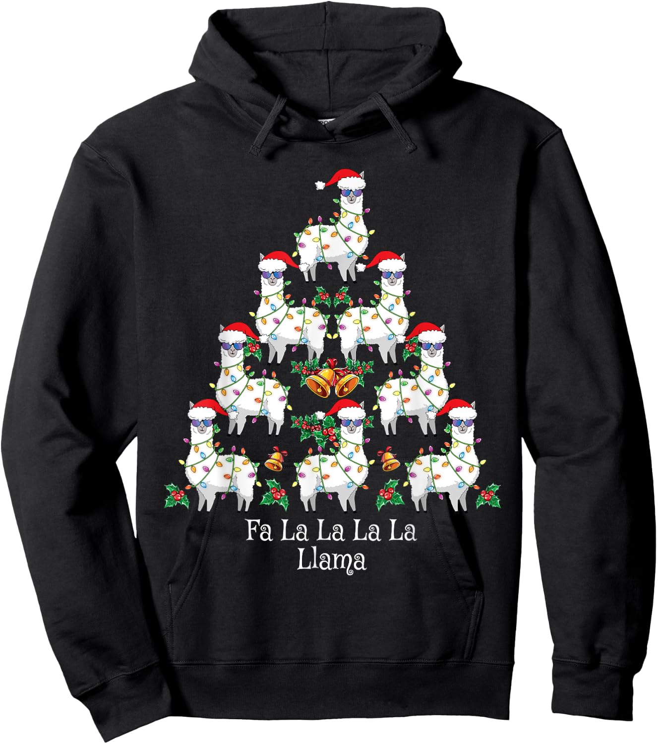Fa La La Llama Kids Funny Christmas Tree Lights Llama Xmas Hoodie - Hoodie | Black