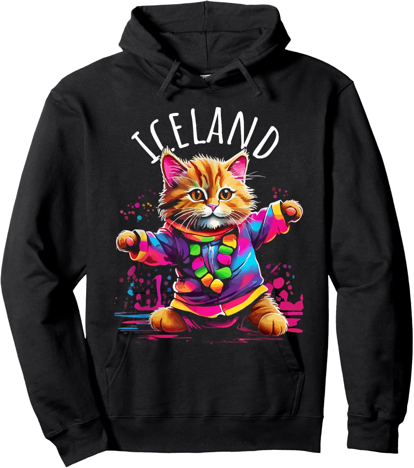 Iceland Quirky Funny Cute Colorful Dancing Cat Design Hoodie - Hoodie | Black