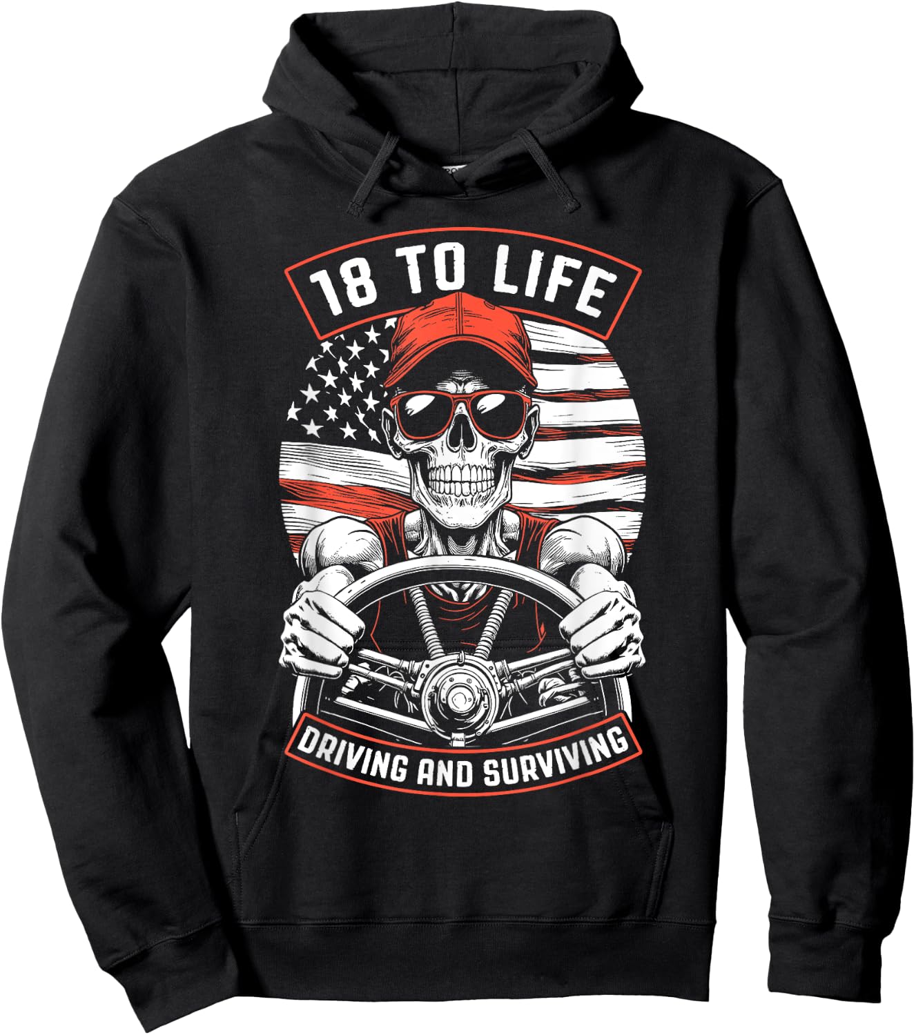 18 To Life Trucker Skeleton Truck Driver Big Rig USA Flag Women Men Hoodie - Hoodie | Black