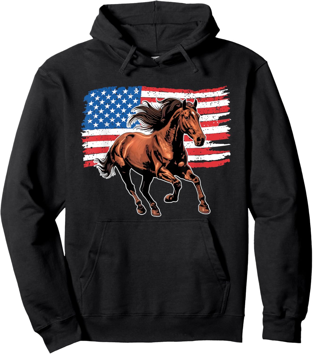 Horse American Flag 4th Of July Patriotic USA Western Horses Hoodie - Hoodie | Black
