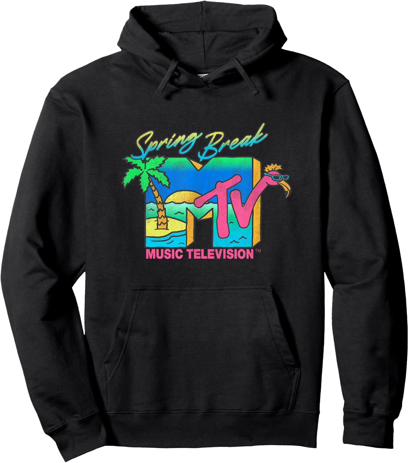 MTV Retro Spring Break Neon Flamingo Party Island Logo Hoodie - Hoodie | Black