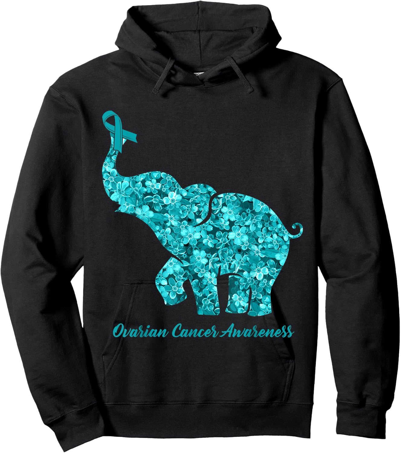 Flower Elephant Teal Ribbon Ovarian Cancer Awareness Hoodie - Hoodie | Black