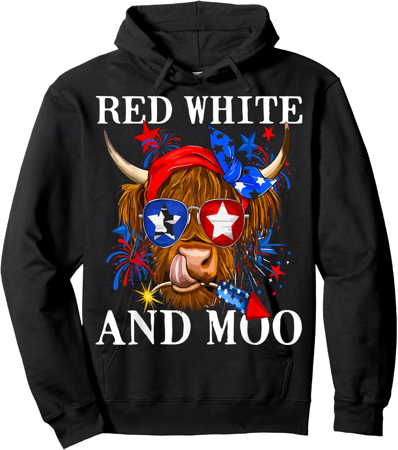 Red White and Moo Patriotic Cow USA Flag Funny 4th of July Hoodie - Hoodie | Black