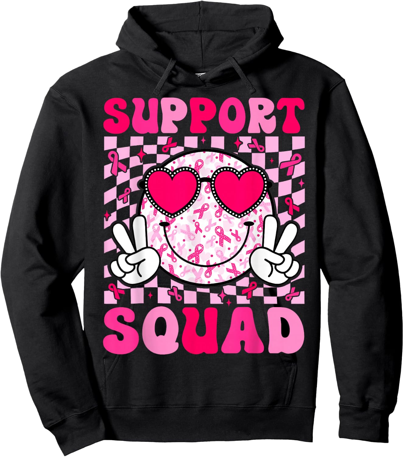 Support Squad Breast Cancer Awareness Pink Ribbon Smile Face Hoodie - Hoodie | Black