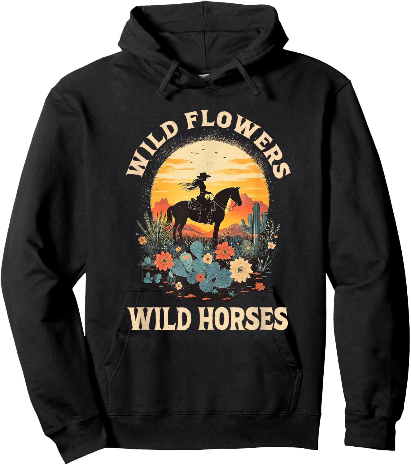 Western Sunset Cowgirl Riding Horse Wild Flowers Wild Horses Hoodie - Hoodie | Black