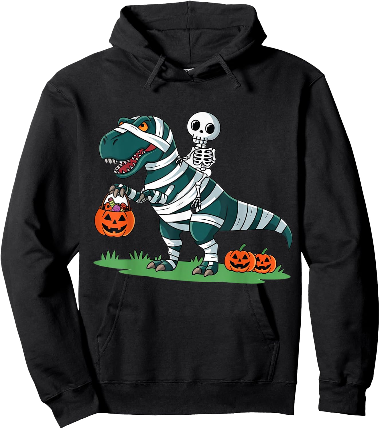 Skeleton Riding Mummy Dinosaur T rex Halloween Funny Pumpkin Hoodie - Hoodie | Black