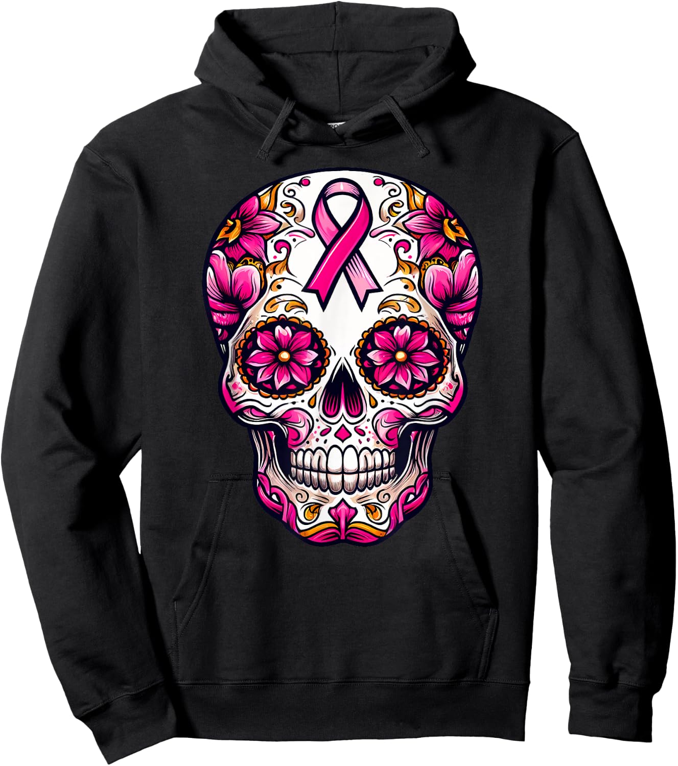 Sugar Skull Pink Ribbon Calavera Breast Cancer Awareness Hoodie - Hoodie | Black
