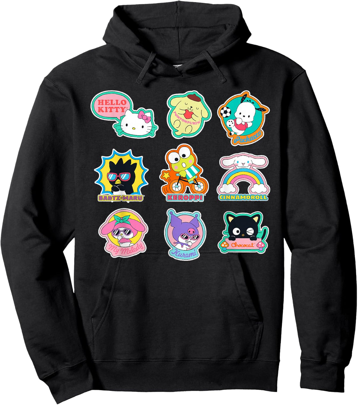 SANRIO Hello Kitty and Friends Supercute Stickers Adult Child Black Small Classic Fit Short Sleeve Cotton 60% Polyester 40% Hoodie - Hoodie | Black