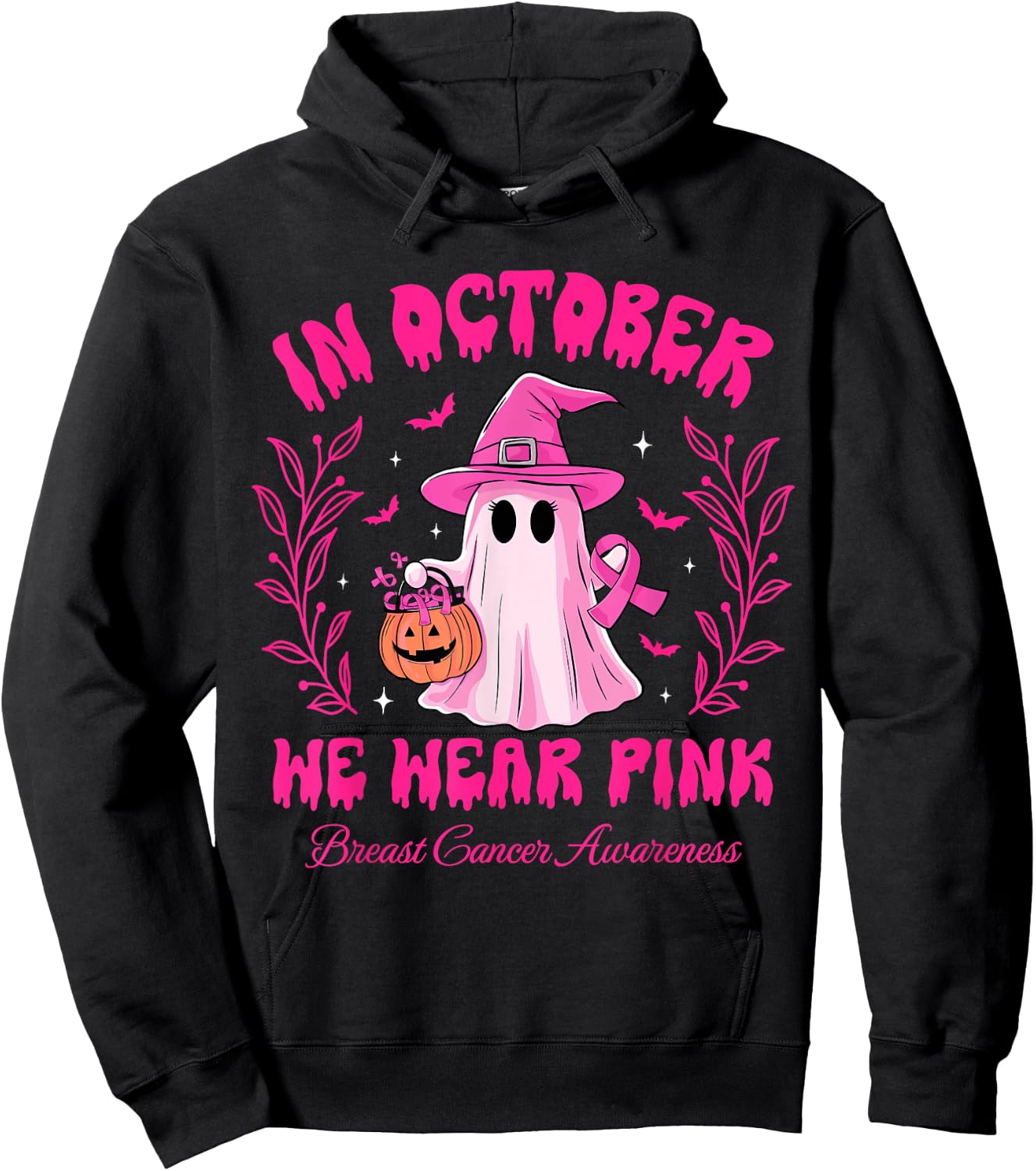 In October We Wear Pink Breast Cancer Awareness Halloween Hoodie - Hoodie | Black