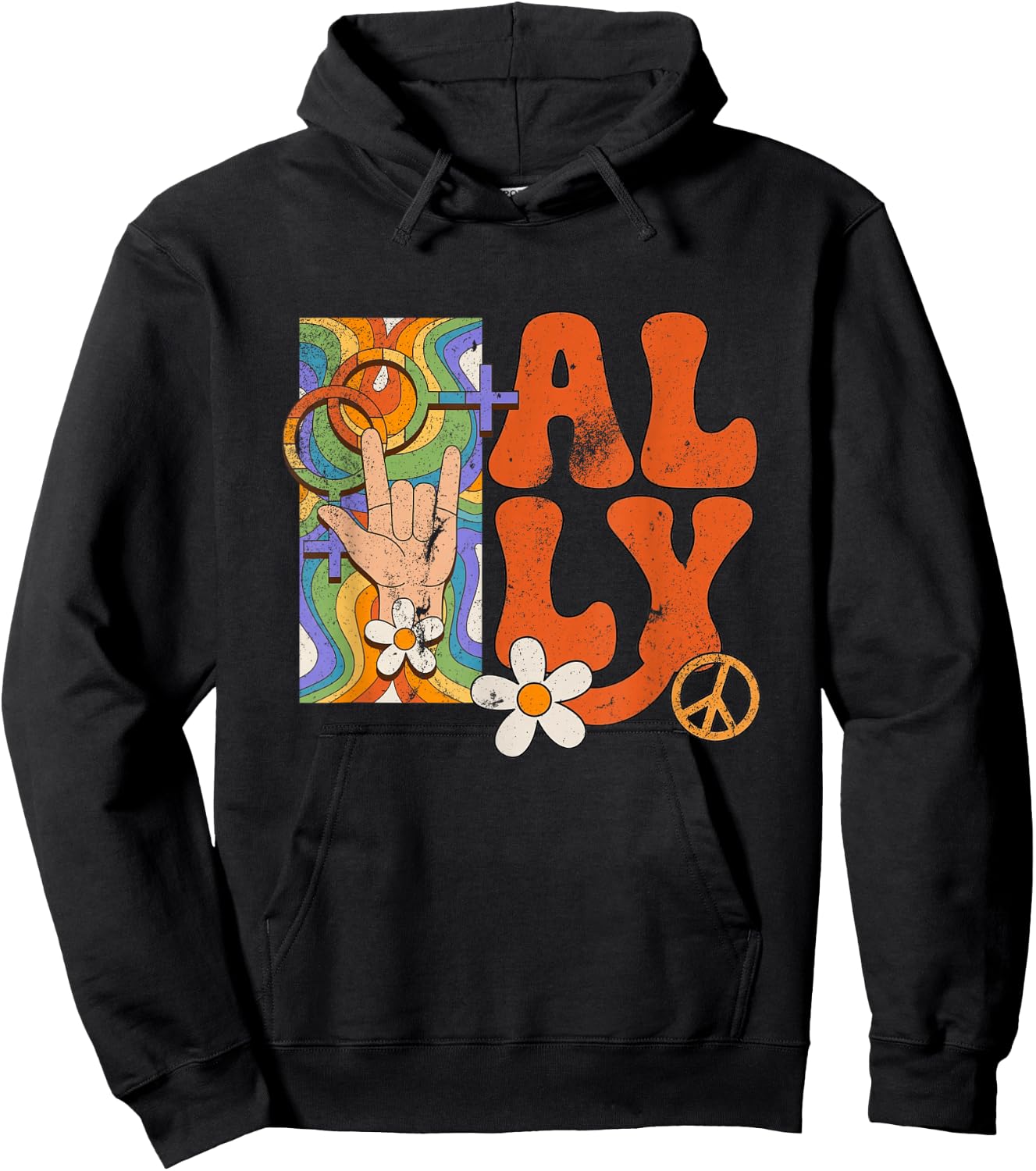 Retro LGBTQ Ally Pride Month Rainbow Proud Ally Women Girls Hoodie - Hoodie | Black